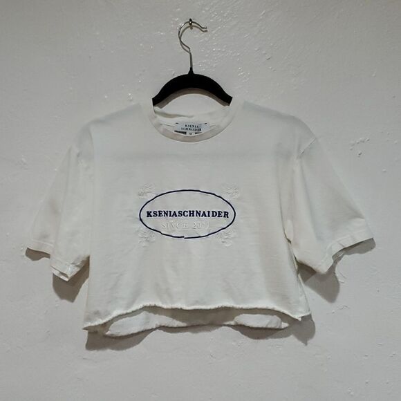 Rare Ksenia Schnaider Cropped T Shirt in White With Logo & Embroidered Doves - Picture 1 of 7